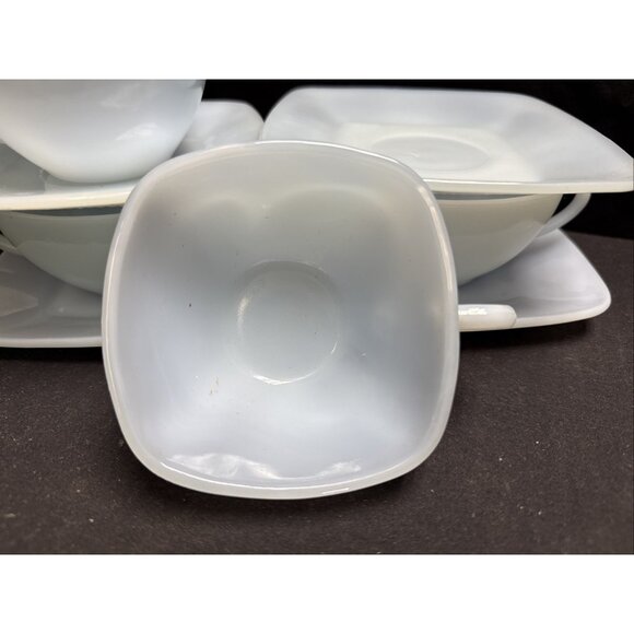 4 FIRE KING Delphite Blue Azurite Charm Square Tea/Coffee Cup & Saucer Sets - Picture 5 of 6